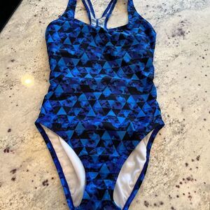 Speedo Blue Triangular Print Racerback One Piece Swimsuit sz 6 EUC
